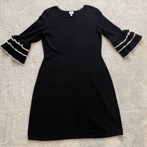 Dressbarn Womens Knitted Sweater Dress Size PM M Petite Black Ruffle Sleeve - Picture 1 of 9